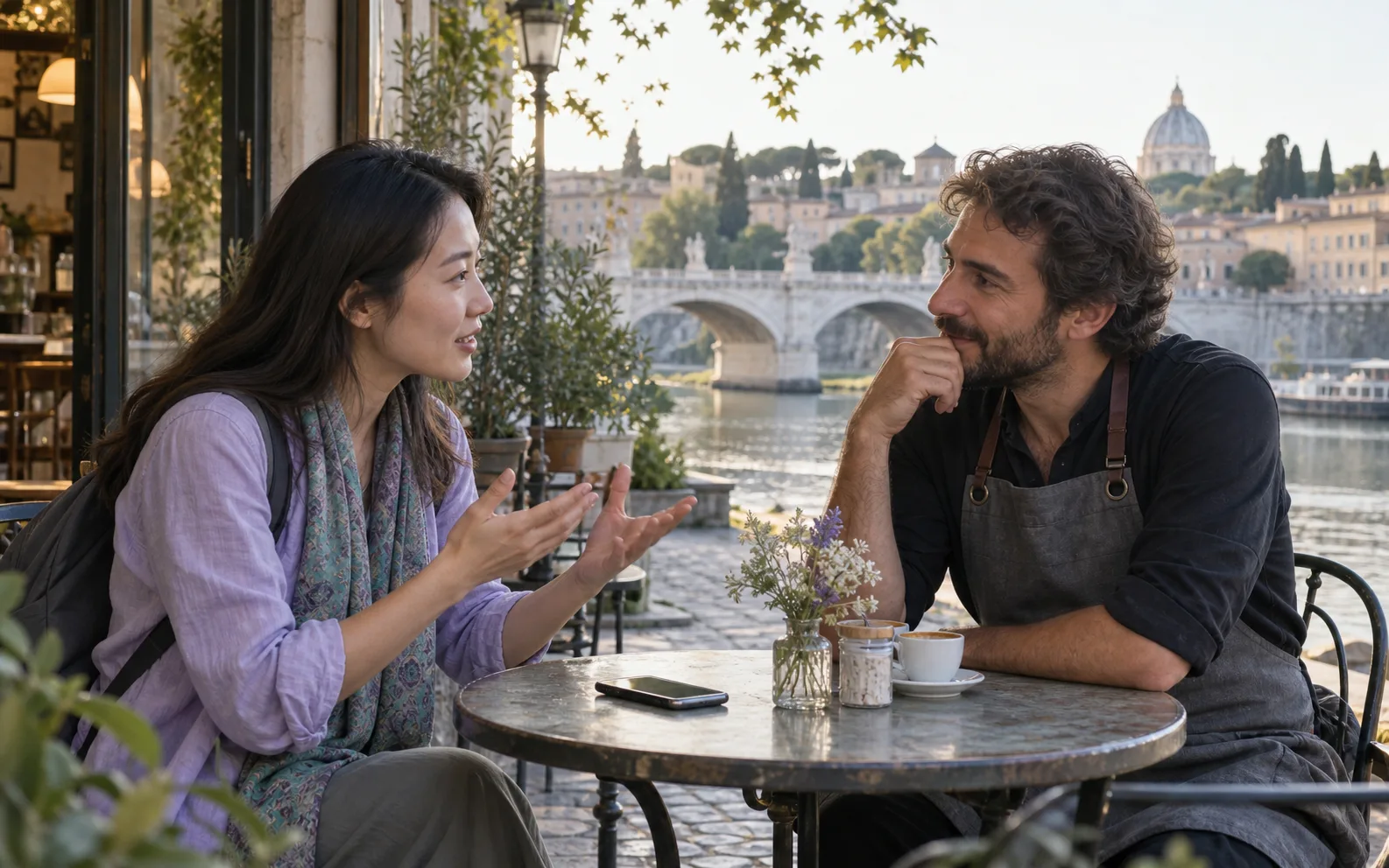A traveler and a café owner speaking with one phone between them