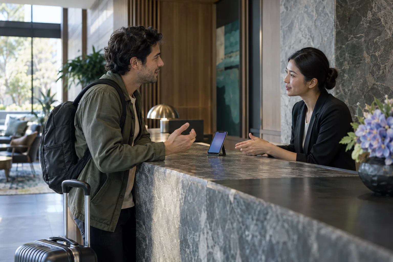 A traveler speaking with hotel staff using one phone between them